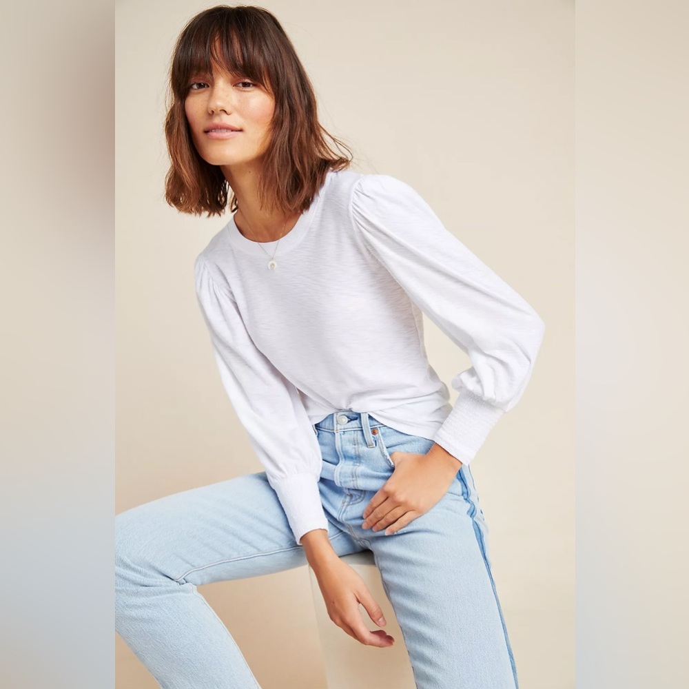 Anthropologie Nation LTD New White Loren Smocked Peasant Tee Minimalist Staple M